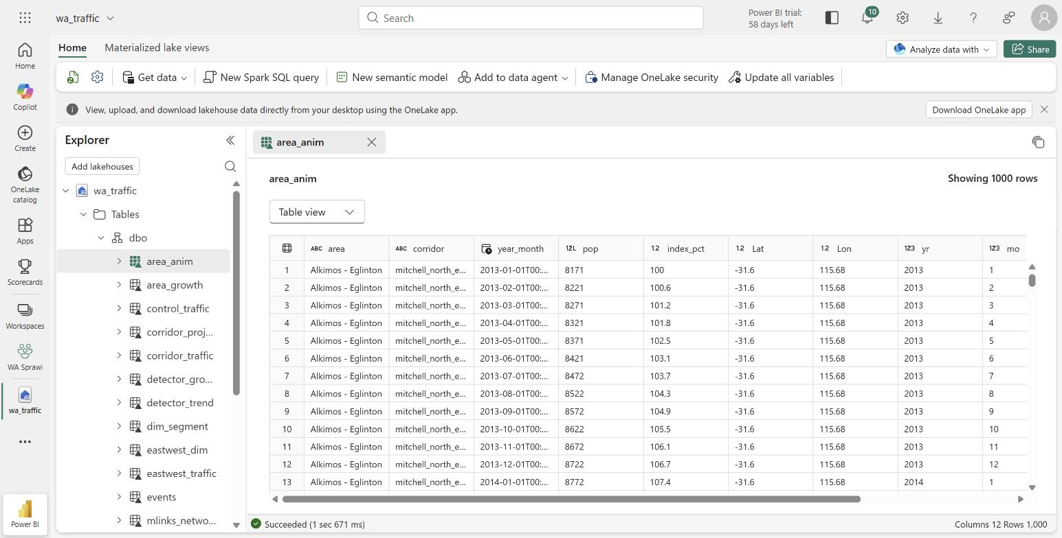 Microsoft Fabric lakehouse explorer listing the traffic and population tables, with one table open