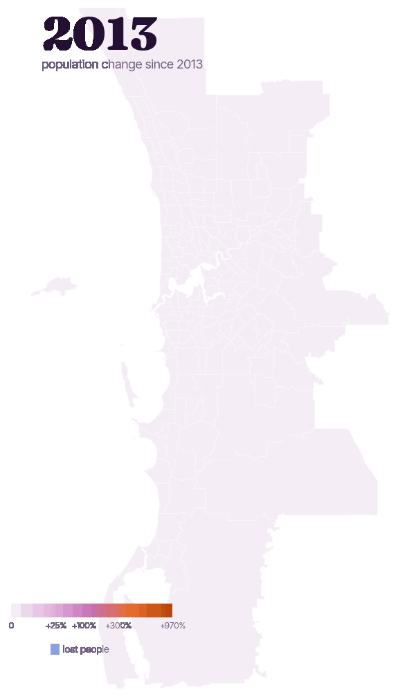 Animated map of Perth suburbs coloured by population growth since 2013, playing 2013 to 2023; growth concentrates in a ring of outer suburbs